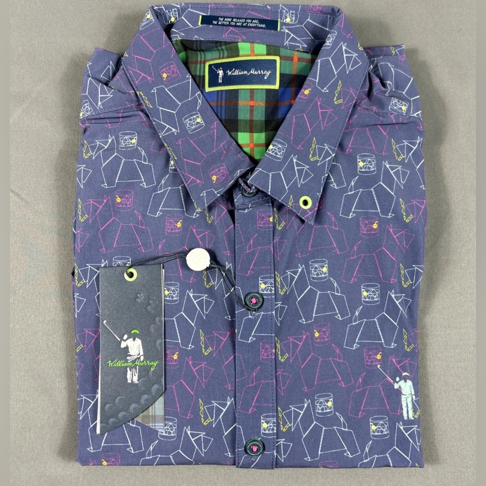 William Murray Golf Sport Shirt Polo Scotch Blemd Print LS Medium Blue Polyester